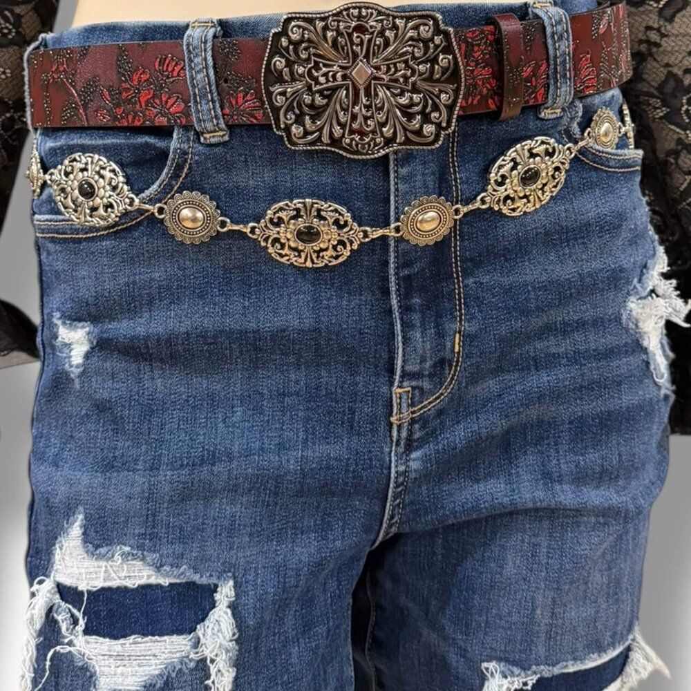 Western Goth Red Embossed Belt Ornate Silver Cross Buckle NWT